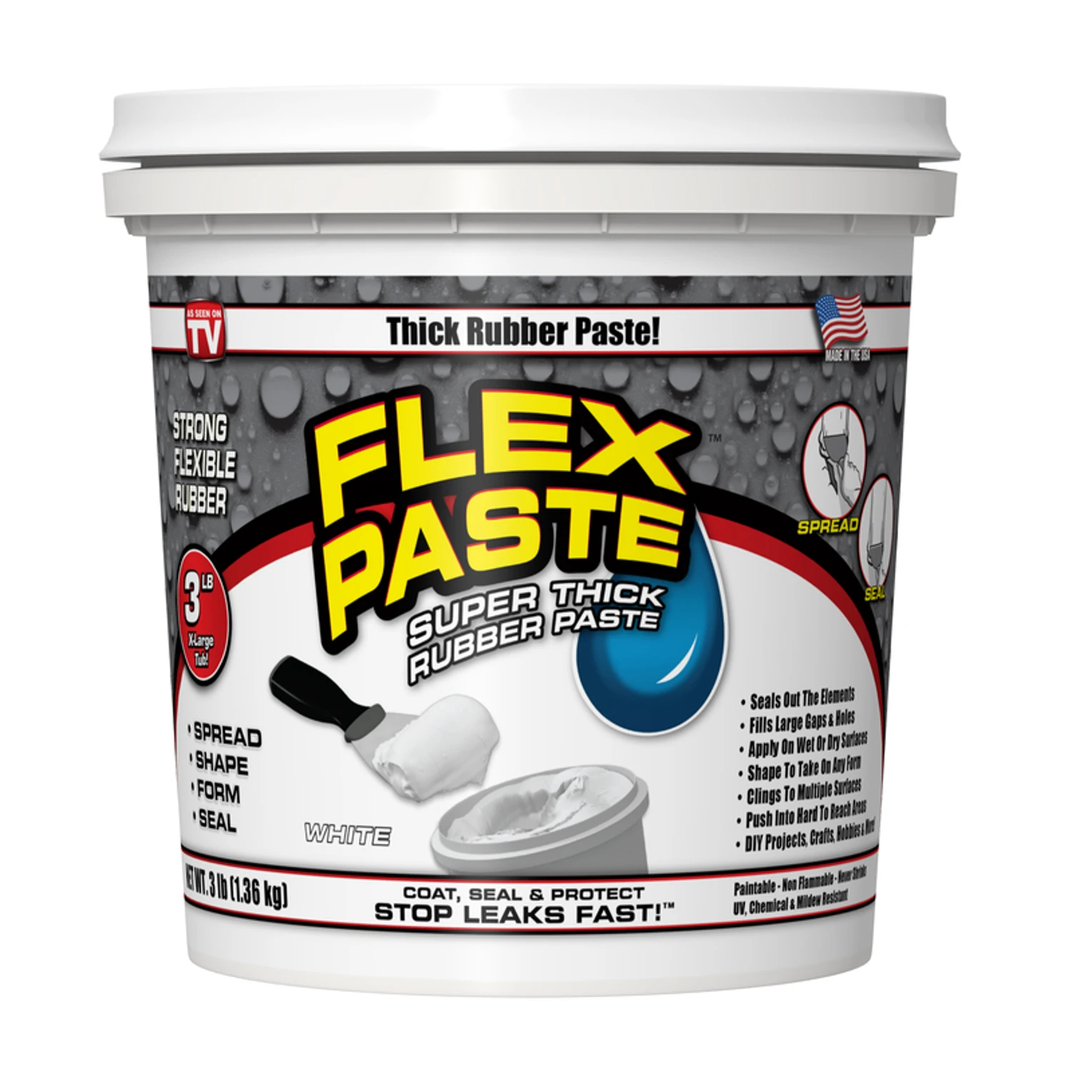 FLEX PASTE Super Thick Waterproof Rubberized Paste, White, 3-Lb. Tub