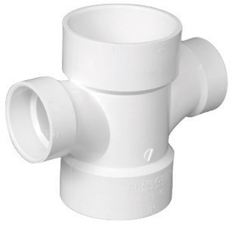 Schedule 40 DWV PVC Reducing Double Sanitary Tee, 3 x 3 x 1-1/2 x 1-1/2 In.