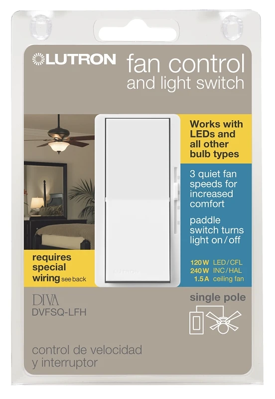 Diva White Ceiling Fan and Light Switch, 3-Speed Control, Single Pole