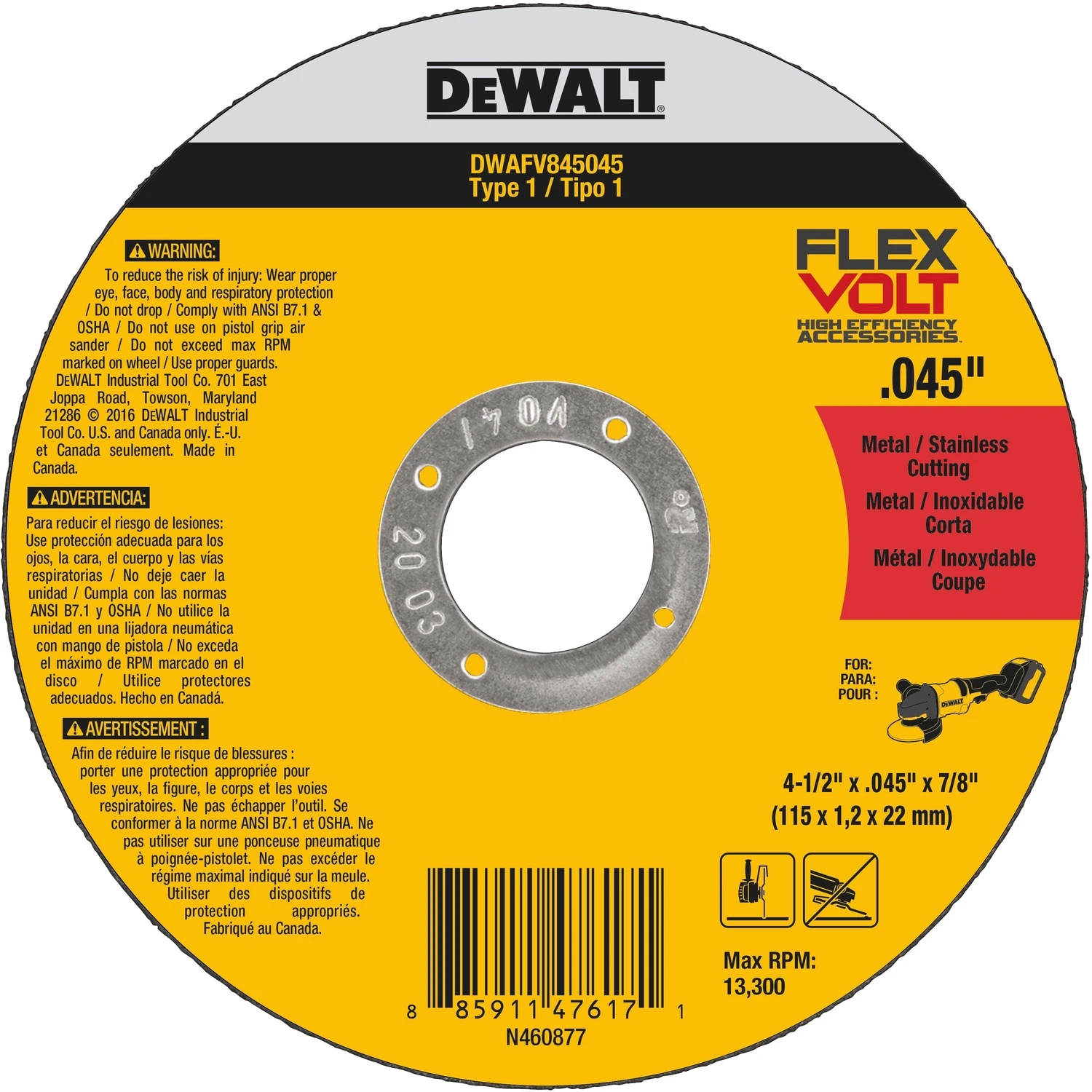 Flexvolt Type 1 4-1/2 In. X 0.045 In. X 7/8 In. Metal/stainless Cut-off Wheel
