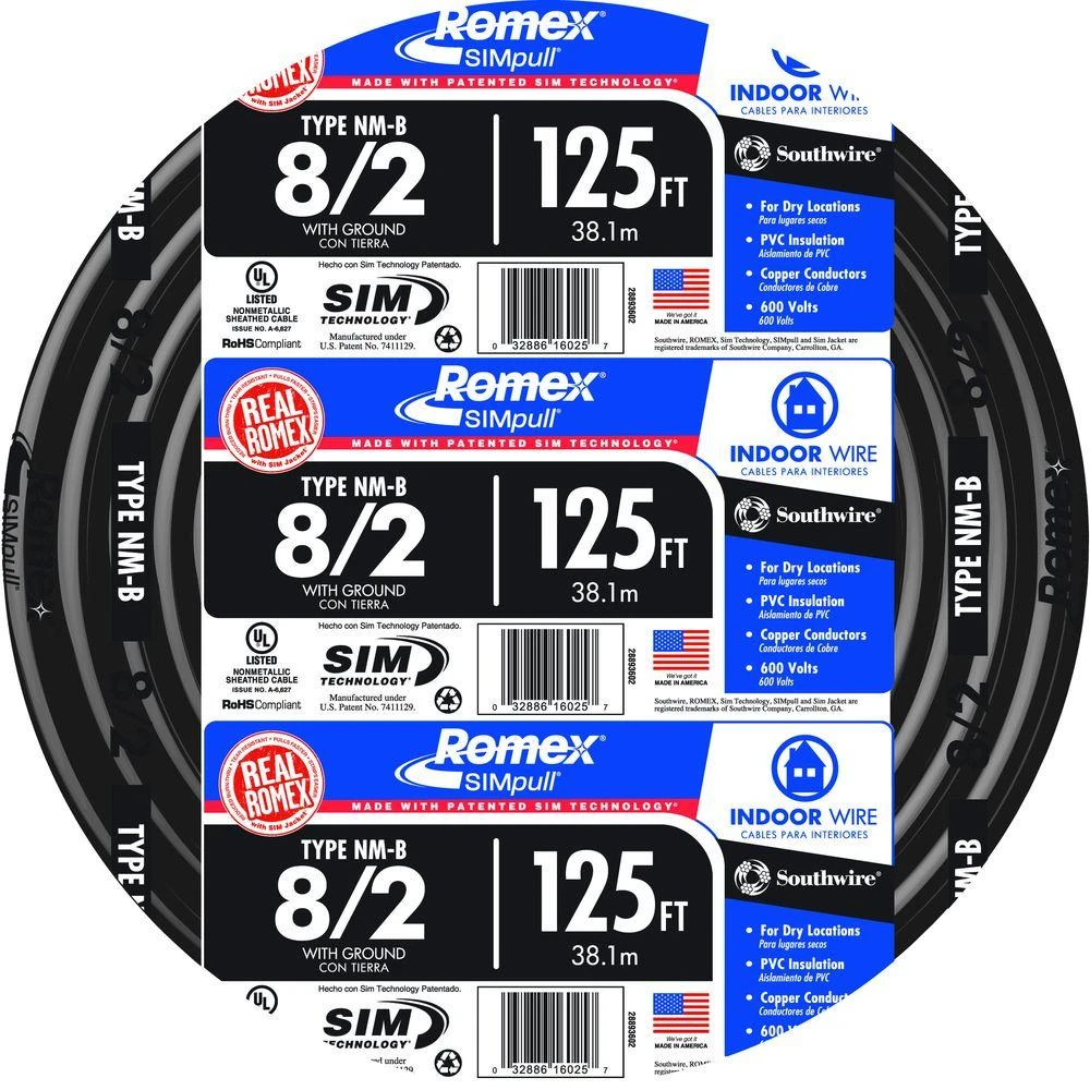 125 Ft. 8/2 Solid Black Nmw/g Electrical Wire - Ul Listed