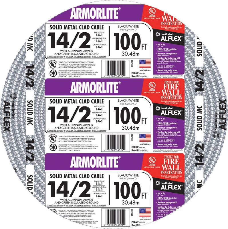 100 Foot 14 Gauge 2 Conductor Armored Cable Type ACT for Electrical Wiring