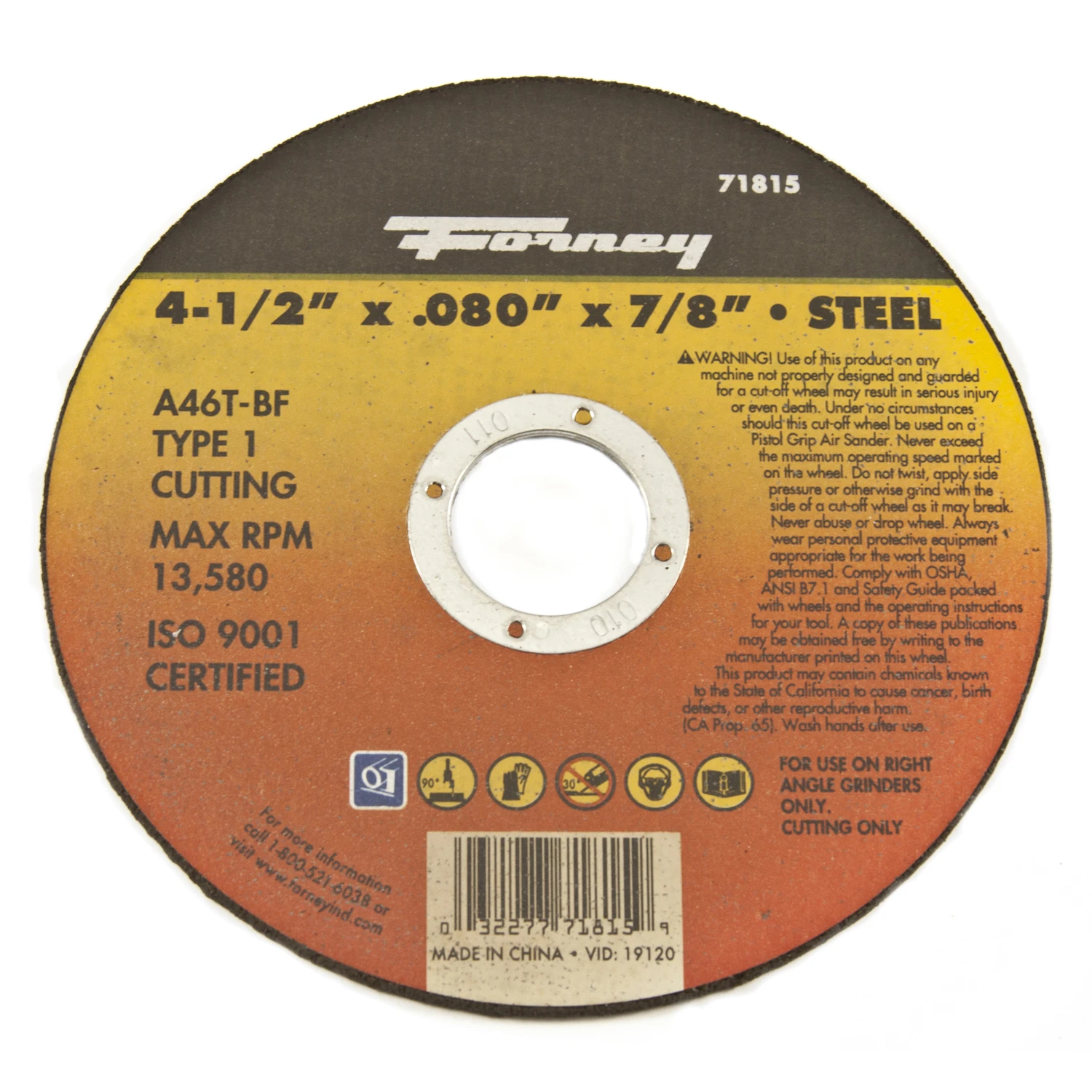 Type 1 4-1/2 In. X .080 In. X 7/8 In. Aluminum Oxide Metal Cut-off Wheel
