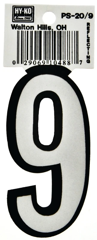 Hy-Ko PS-20/9 Reflective Sign, Character: 9, 3-1/4 in H Character, Black/White Character, Vinyl