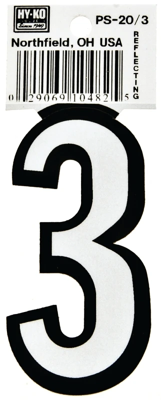 Hy-Ko PS-20/3 Reflective Sign, Character: 3, 3-1/4 in H Character, Black/White Character, Vinyl