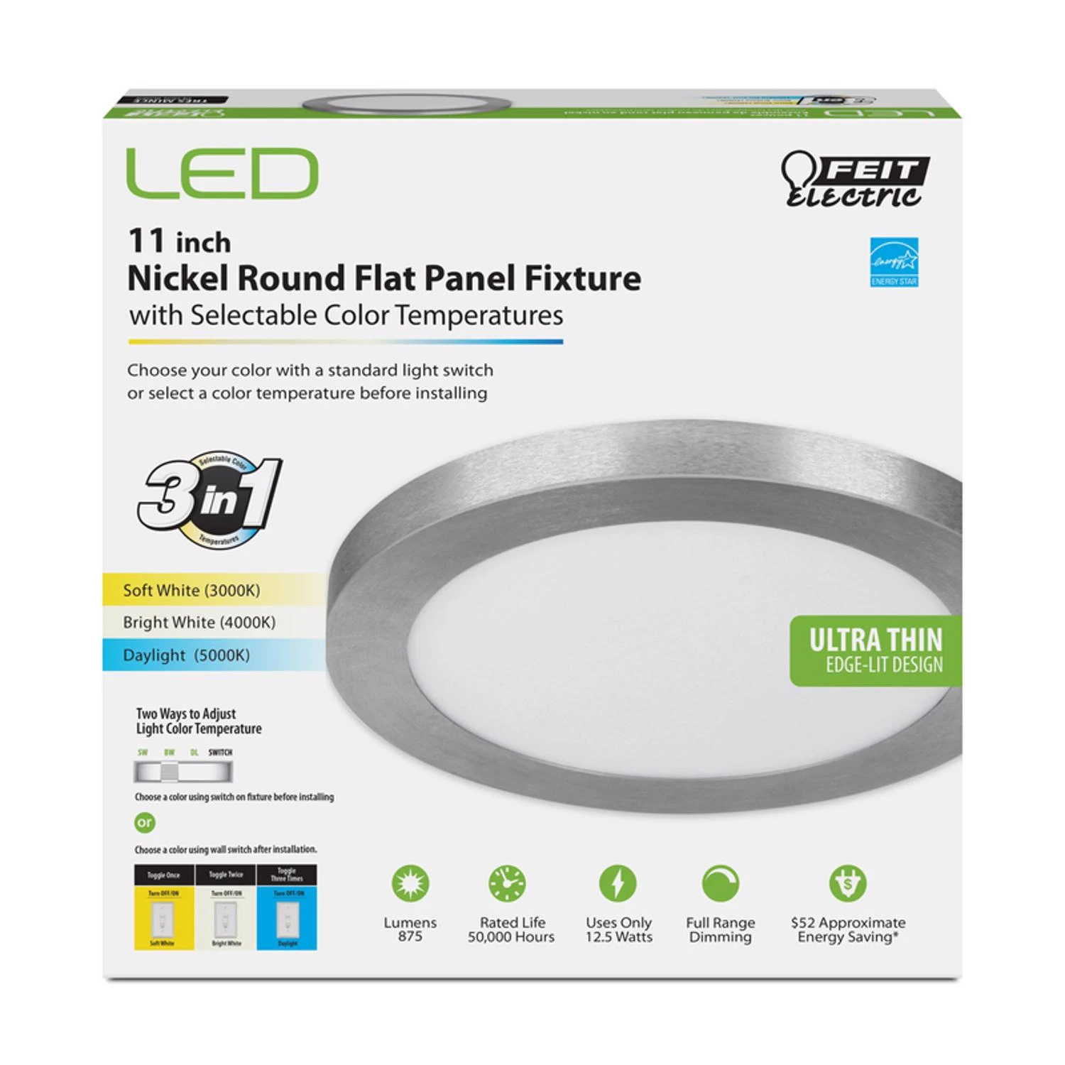 LED Edge-Lit Flat Panel Recessed Ceiling Light Kit, Flush Mount, Nickel Finish, Selectable Color Temperature, 12.5 Watt, 11 Inch Round