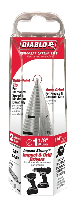 Step Drill Bit, 1 and 1 Eighth Inch Diameter, High-Speed Steel Construction