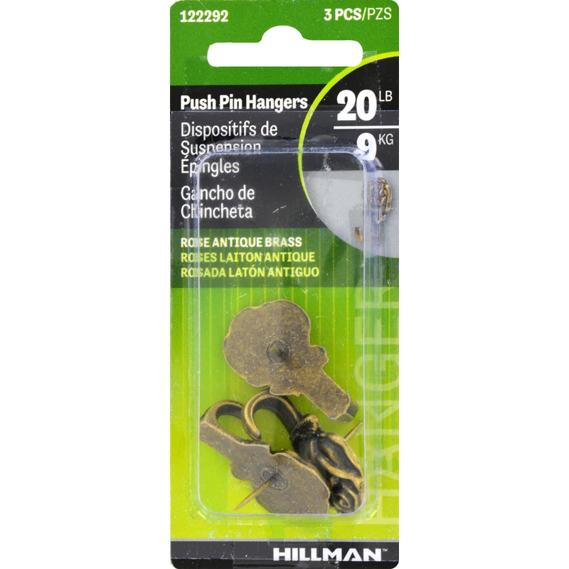 Hillman AnchorWire Antique Brass Push Pin Picture Hook 20 lb 3 pk Hillman AnchorWire Antique Brass Push Pin Picture Hook 20 lb 3 pk
