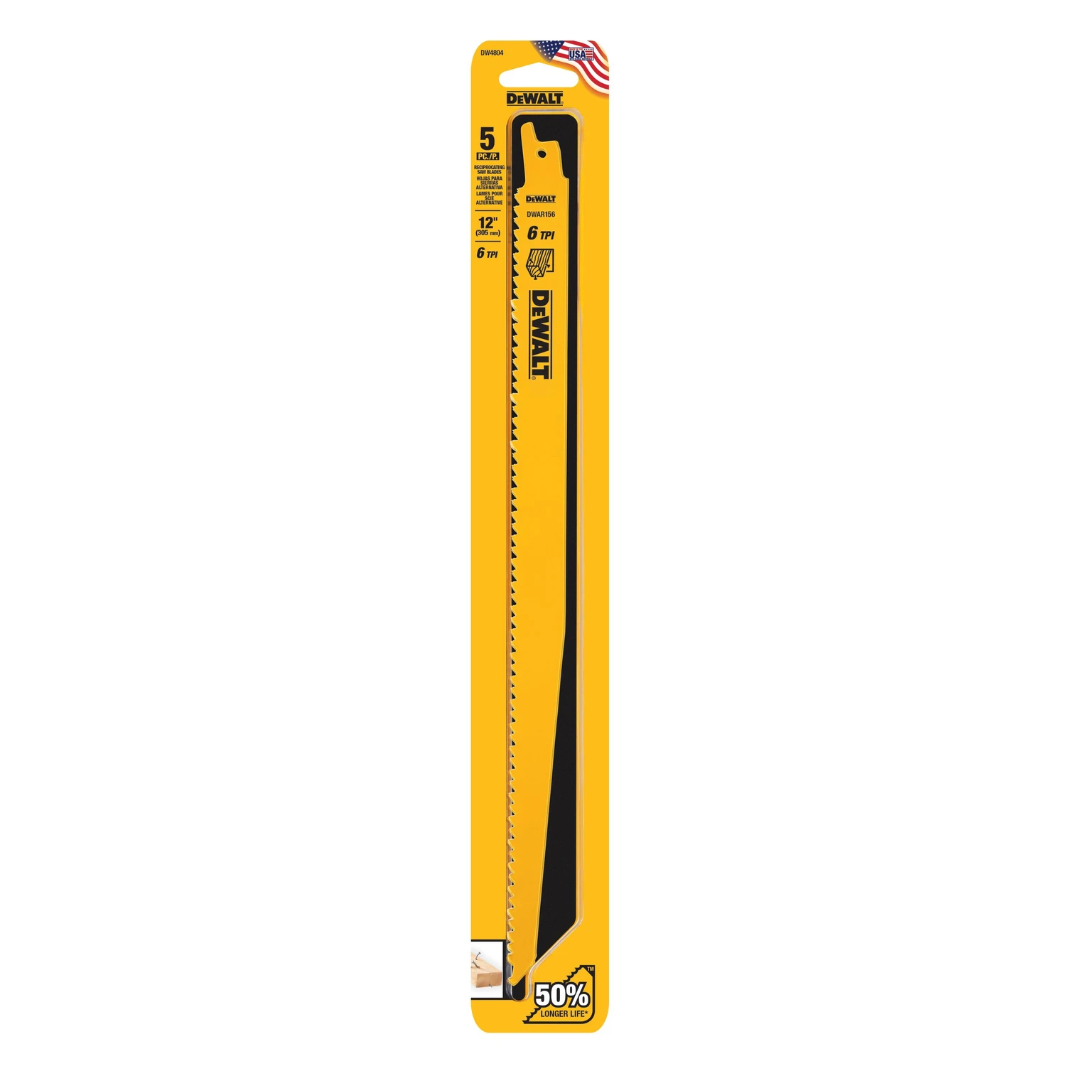 Bi-Metal Reciprocating Saw Blade, 12 In., 6-TPI, 5-Pk.