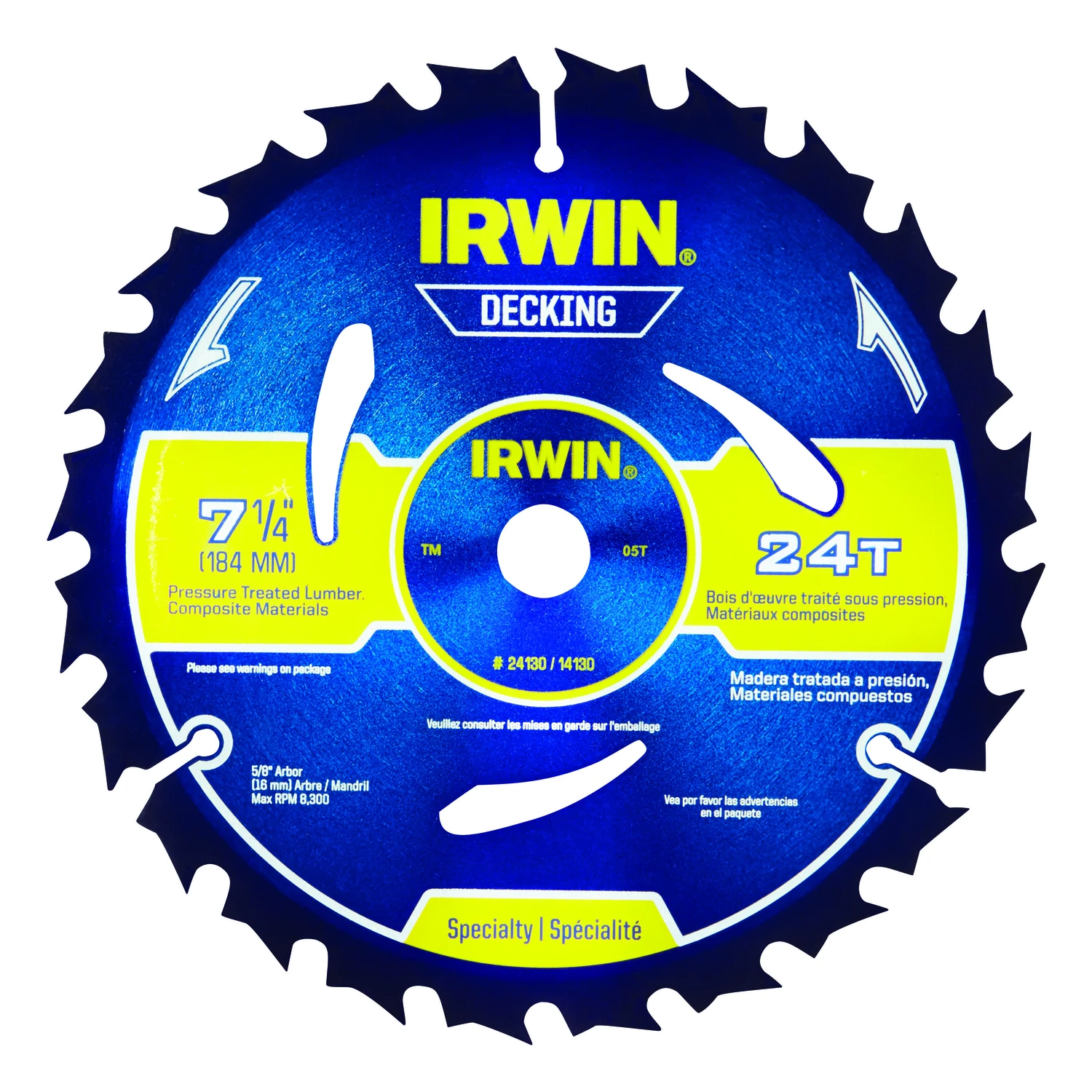Irwin Marathon 14130 Circular Saw Blade, 7-1/4 in Dia, Carbide Cutting Edge, 5/8 in Arbor, 24-Teeth