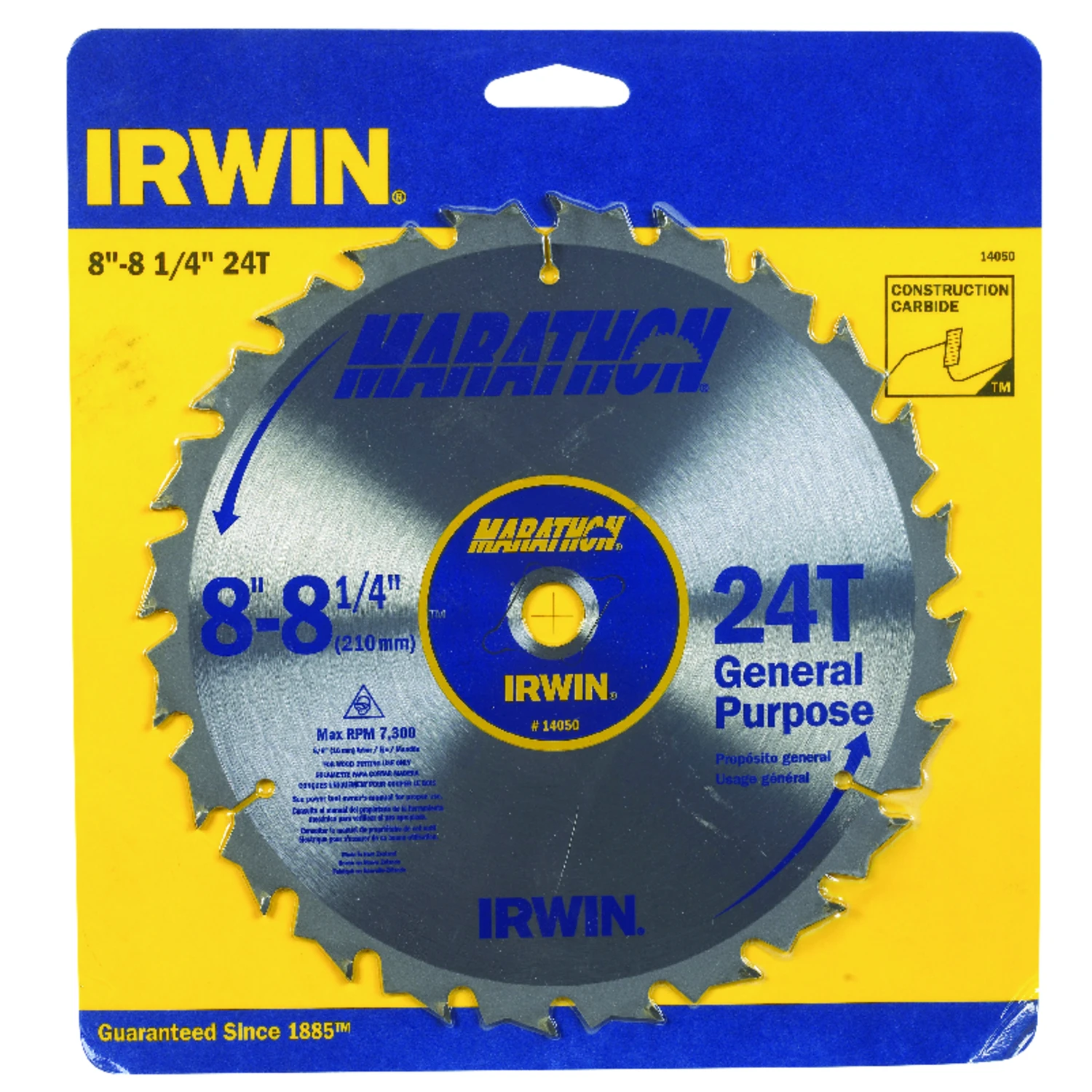 Irwin Marathon 14050ZR Table Saw Blade, 8-1/4 in Dia, 5/8 in Arbor, 24-Teeth, Carbide Cutting Edge