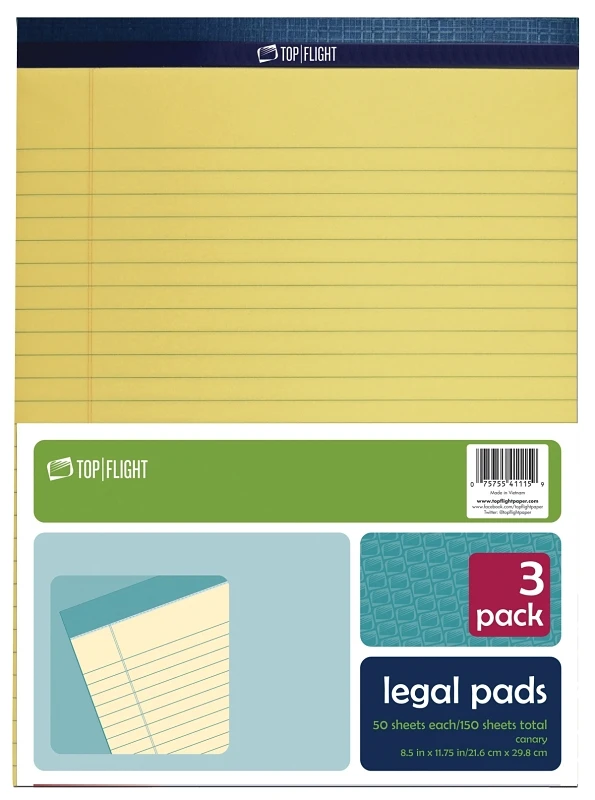 Top Flight Legal Pad, 8.5 x 11.75 Inches, 0.375 Inch Rule, Canary, 50 Sheets per Pad, 3 Pads per Pack (4513108)