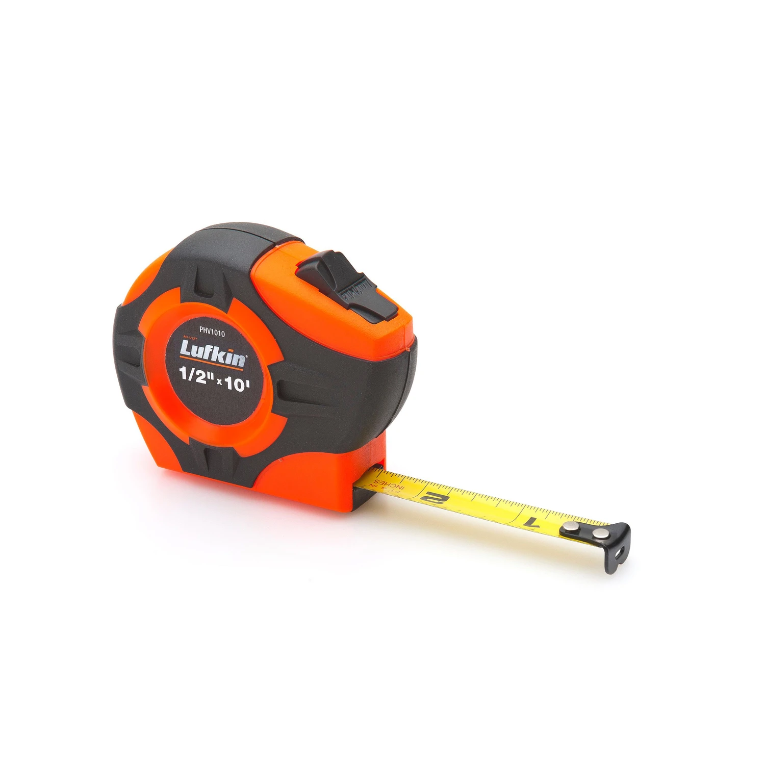 Lufkin Measuring Tape, 1/16 in Graduations, 1/2 in W x 10 ft L, Bright Yellow Blade, Cushion, Rubber, Orange Case