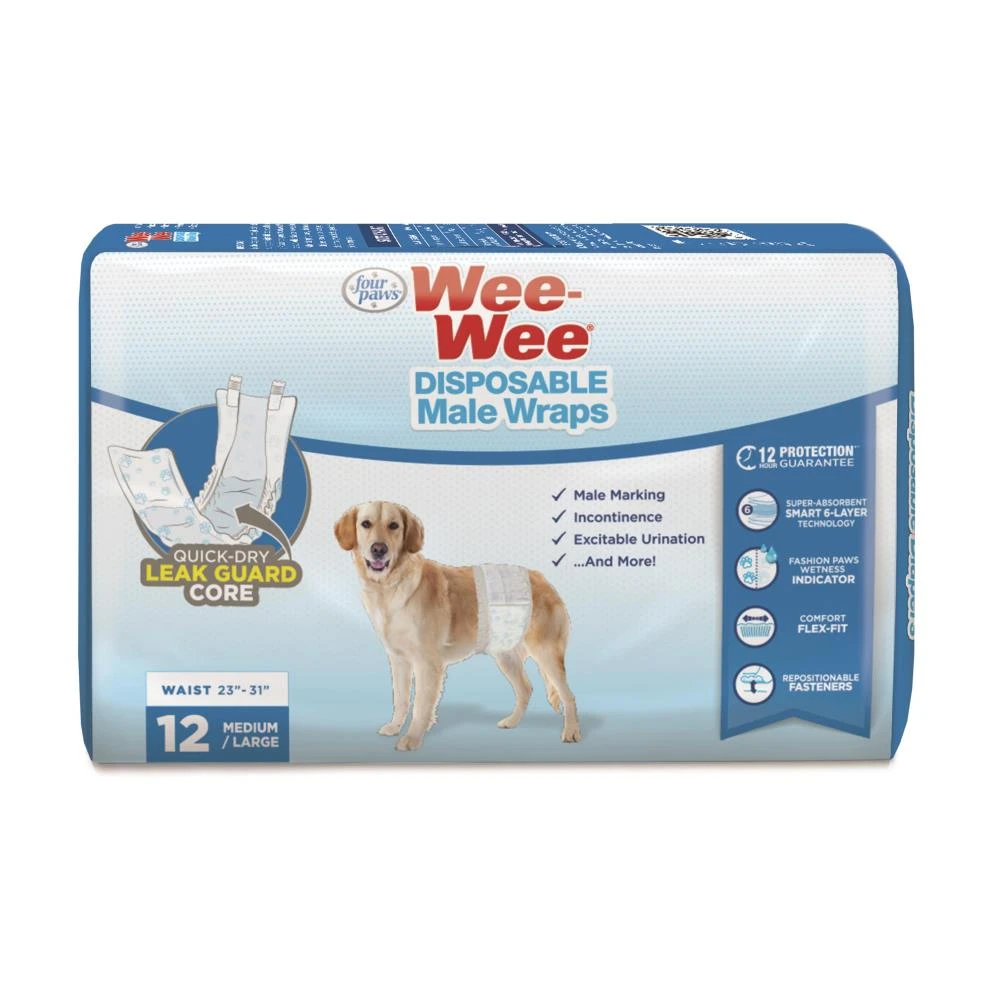 Wee-Wee Disposable Male Dog Wraps, 12 Pack, Medium/Large