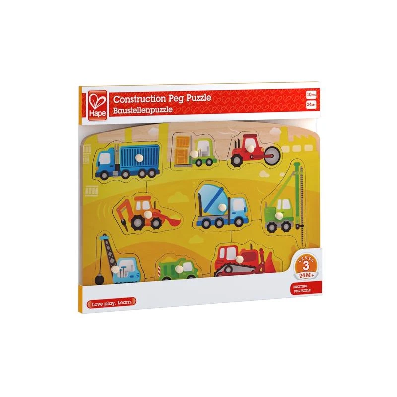 Construction Peg Puzzle Multicolored Wooden Toy 10 Pieces For Ages 2+