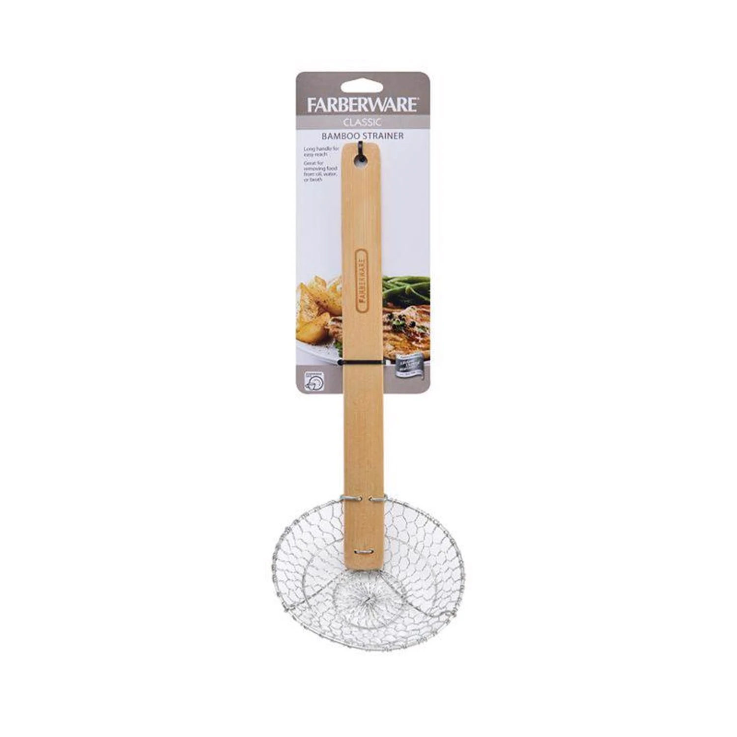 Tan/silver Bamboo And Stainless Steel Asian Strainer With Extra-long Handle