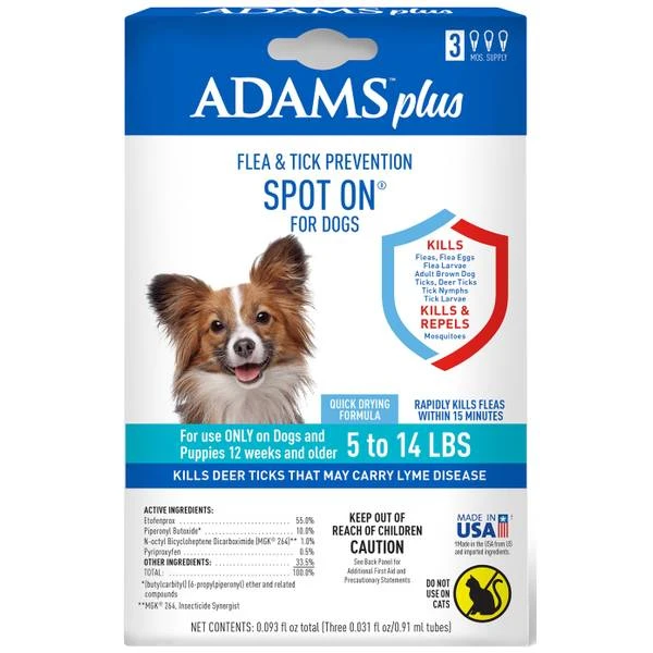 Adams Plus Flea & Tick Spot On For Small Dogs 5-14 Lbs - 3 Month Supply