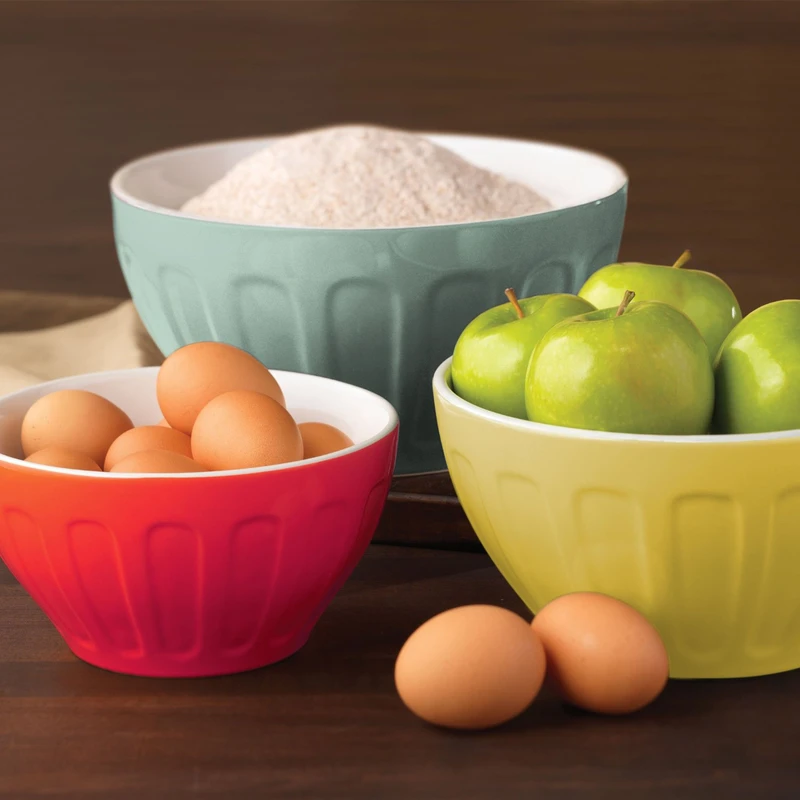 64 Oz Ceramic Mixing Bowl Set - 3 Piece Assorted Colors