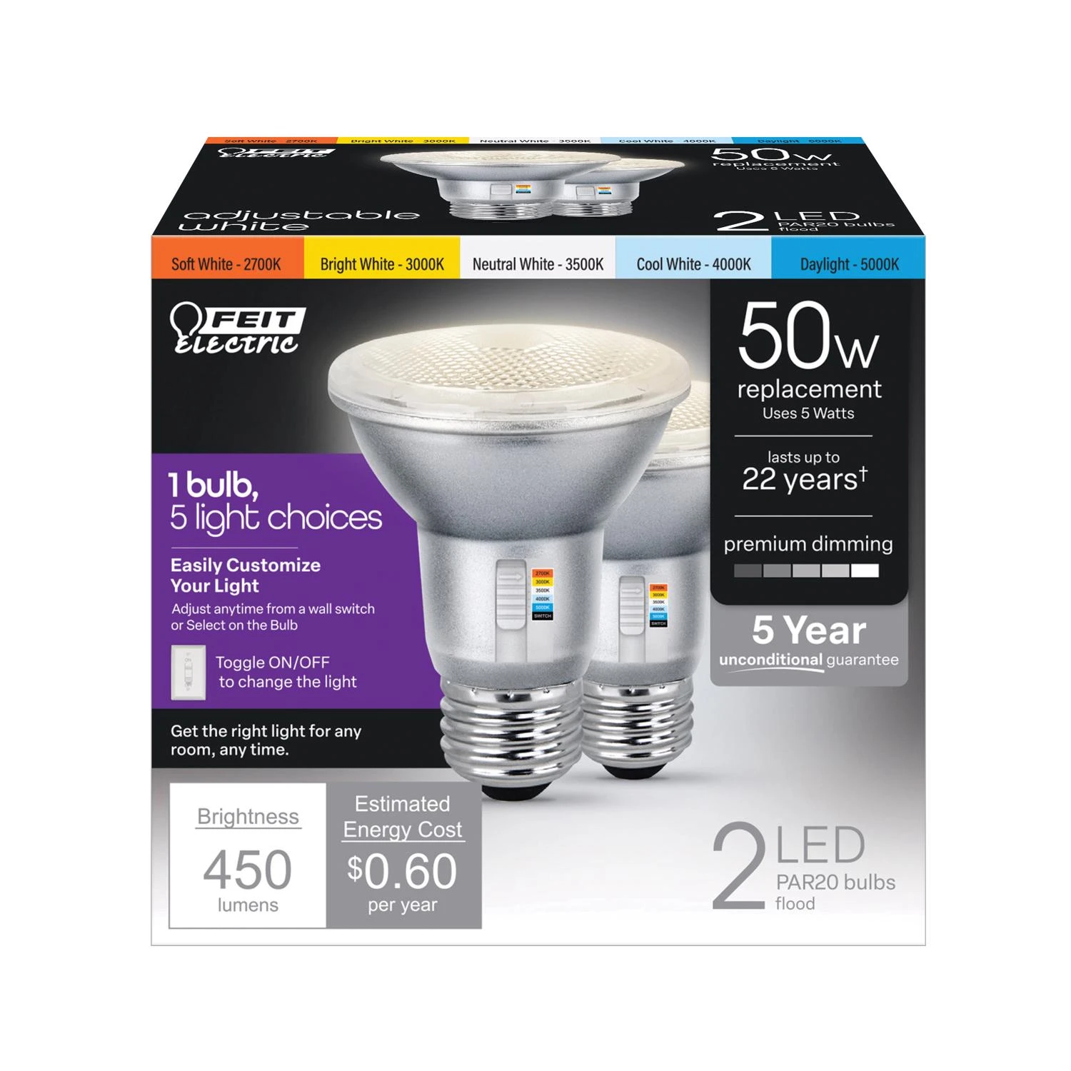 Led Par 20 E26 Medium Floodlight Bulb Tunable White/color Changing 50 Watt Equivalent 2 Pack