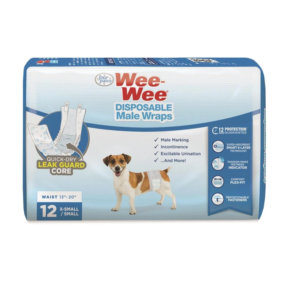 Wee-Wee Disposable Male Dog Wraps, 12 Pack, X-Small/Small