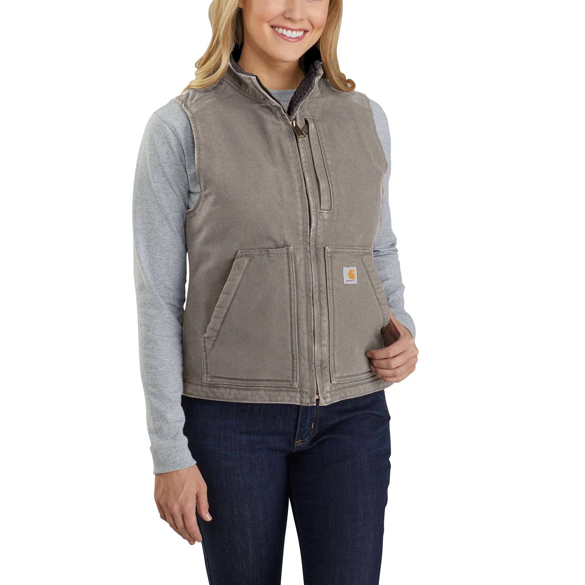 Women's Relaxed Fit Washed Duck Sherpa Lined Mock Neck Vest - Xxl - Taupe Gray