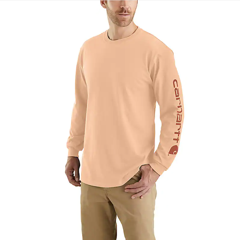 Men's Loose Fit Heavyweight Long-sleeve Logo Sleeve Graphic T-shirt, Pale Apricot, Xl
