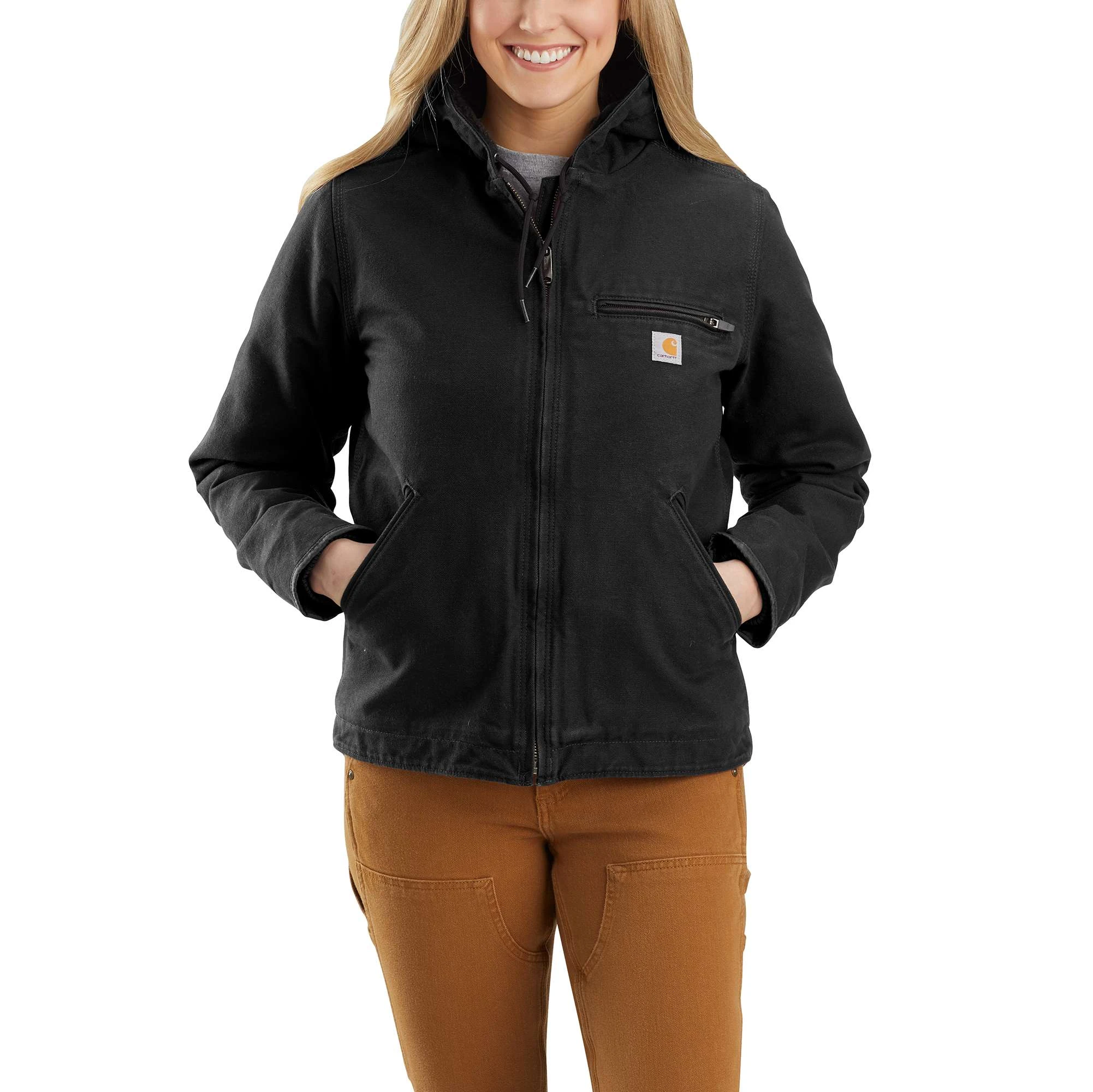 Women's Loose Fit Washed Duck Sherpa Lined Jacket - Large - Black
