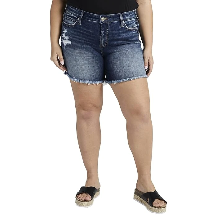 Plus Size Suki Mid Rise Denim Shorts With Raw Hem In Indigo, Size 18w