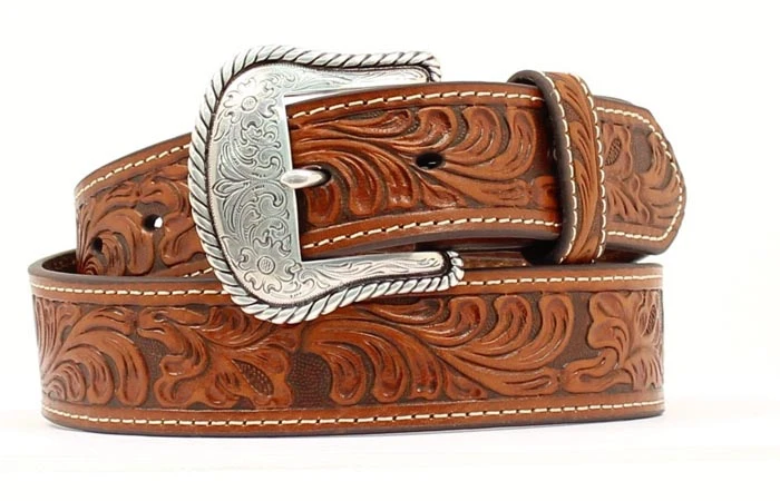 N2446008-34 Men's Floral Embossed Leather Belt In Tan - Size 34