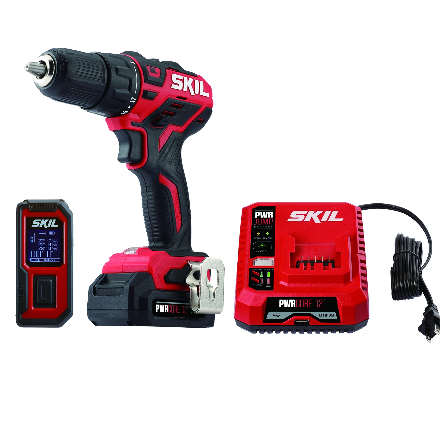Pwr Core 12v Cordless Brushless Drill Driver And Laser Measure Kit - 3 Pieces