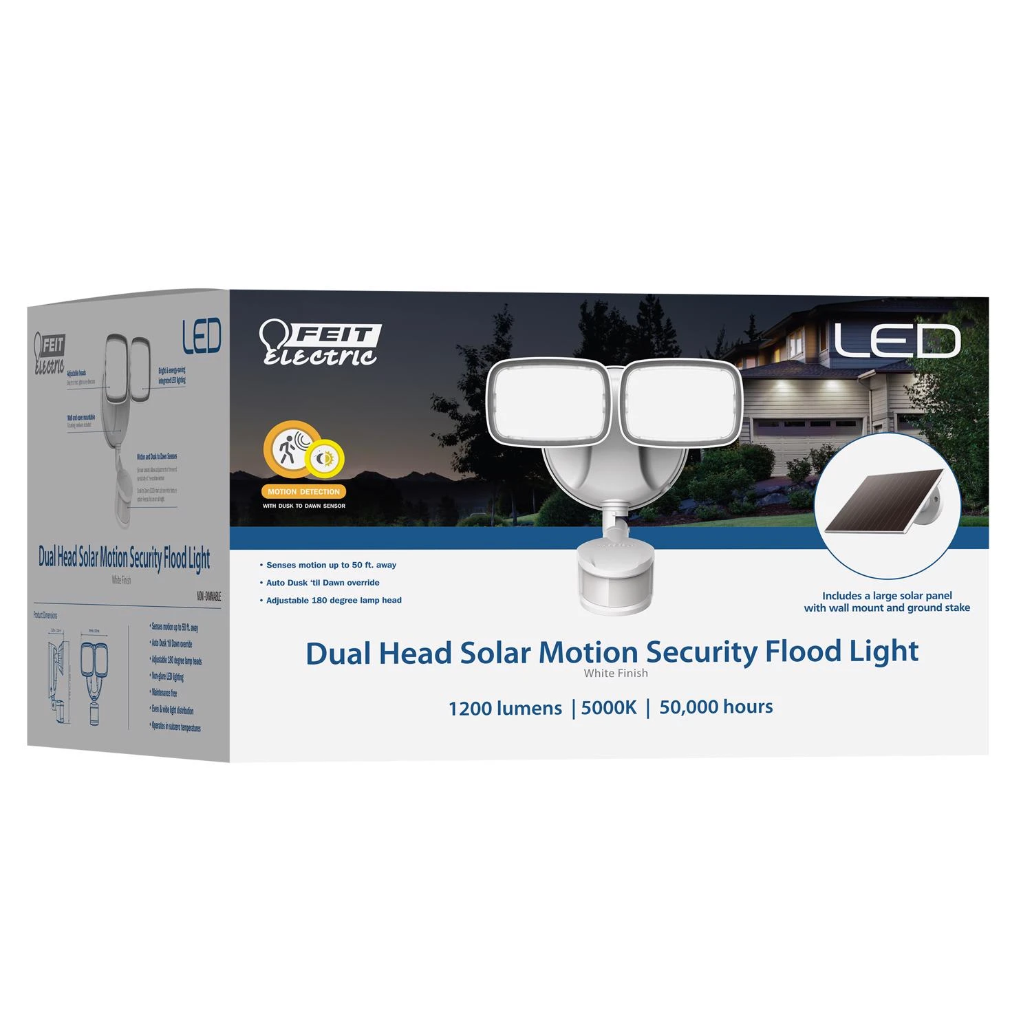 Led Motion-sensing Solar Powered Security Floodlight, 1200 Lumens, White Finish
