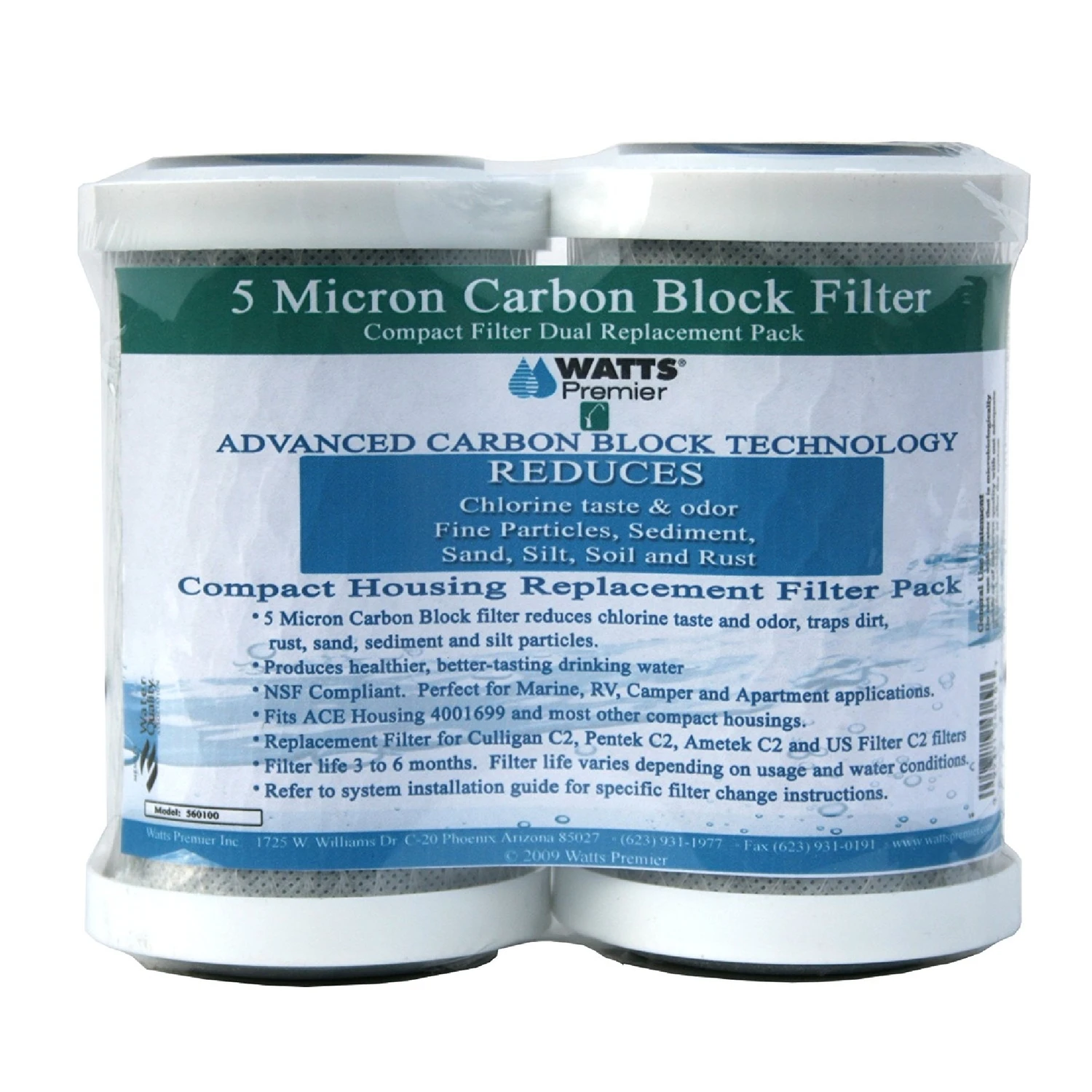 Watts Premier Whole House Replacement Water Filter 2pk, 5 Micron Carbon Block, Nsf Compliant