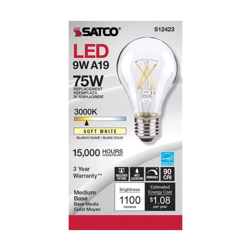 Satco Lighting S12423 Single 10.5 Watt Vintage Edison Dimmable A19 Medium (E26) Led Bulb -