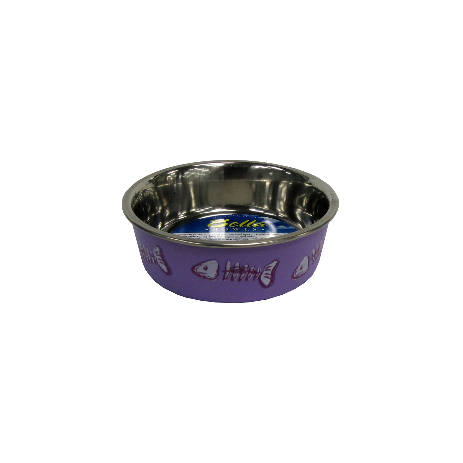 Bella Purple Fish Skeleton Stainless Steel Cat Bowl — 1 Cup, Non-Slip & Durable