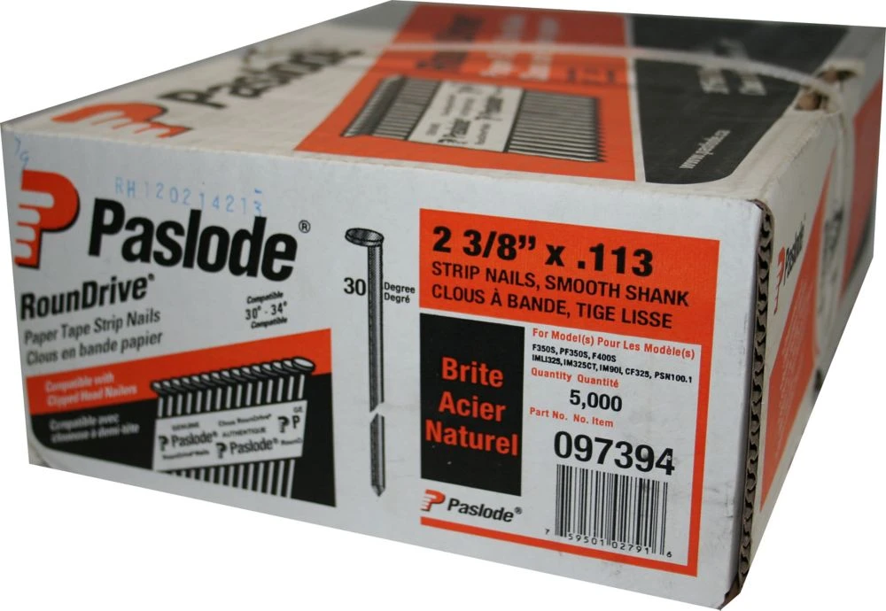 .113" X 2-3/8" Smooth Shank Strip Nails, 5000 Pk, 30° D Head, Model 097394