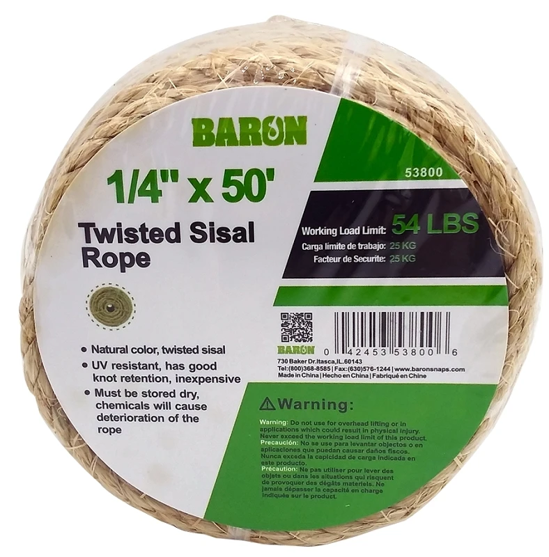 53800 Twisted Sisal Rope 1/4 Inch Diameter 50 Feet Length