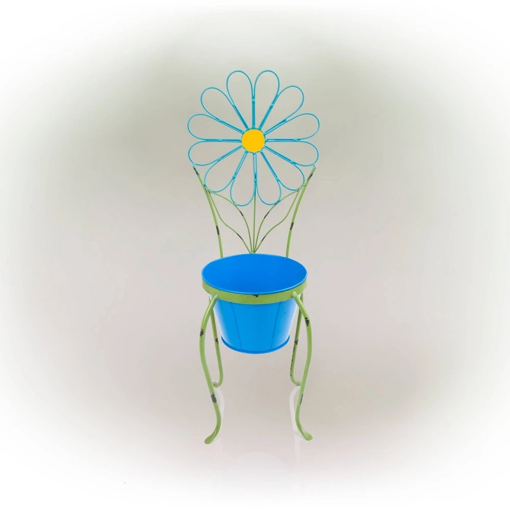 24" Blue Iron Flower Planter Stand For Indoor And Outdoor Use