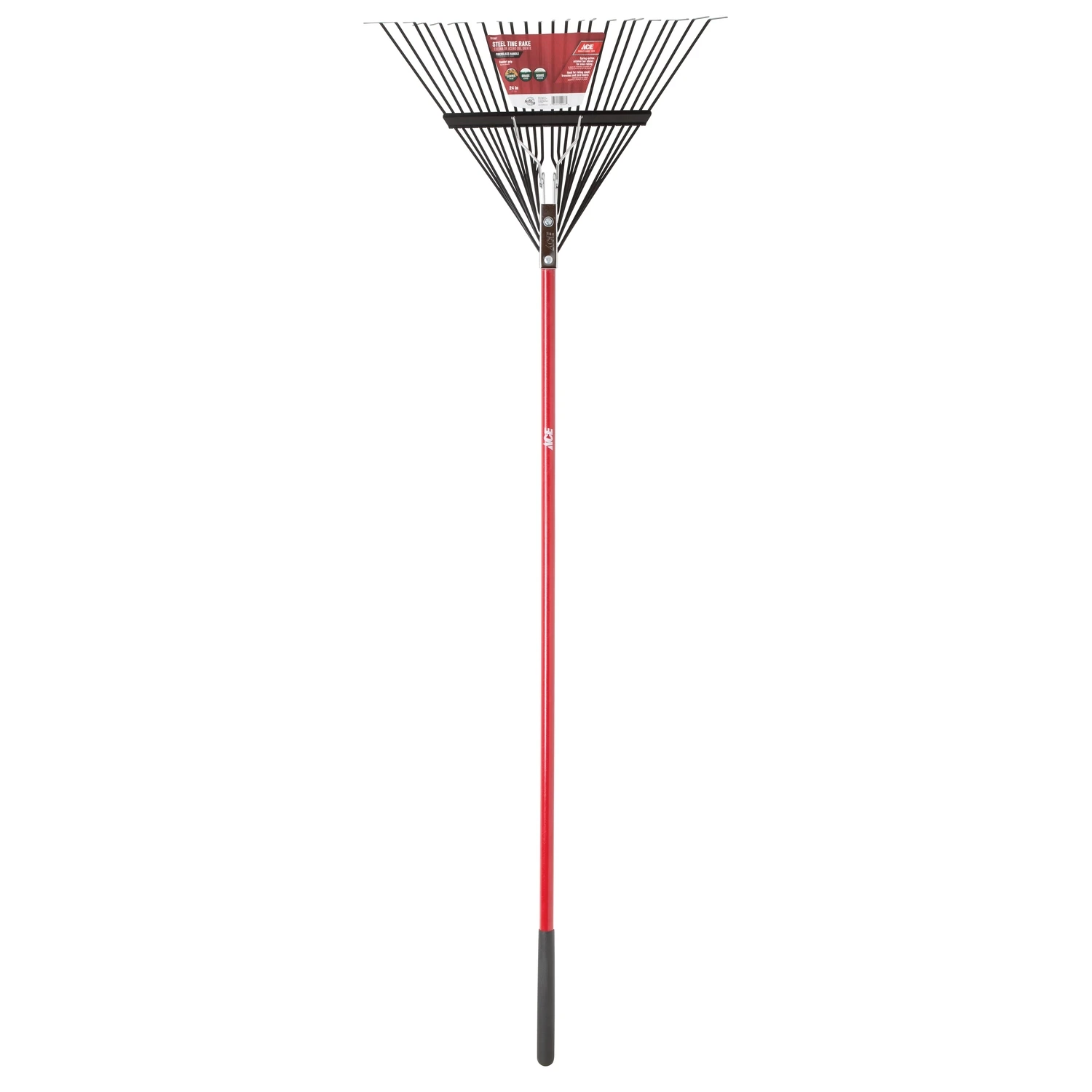 65 In. Steel Rake With 24 Tines And Fiberglass Handle For Lawn Care