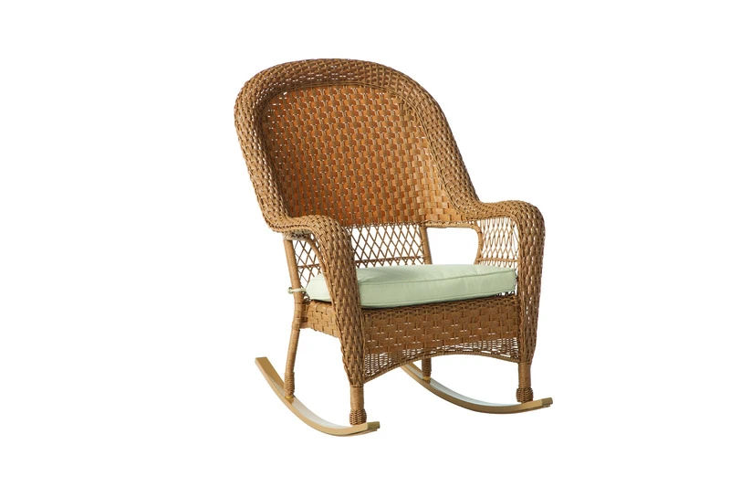Palmaro Tan Wicker Stackable Rocking Chair With White Cushion
