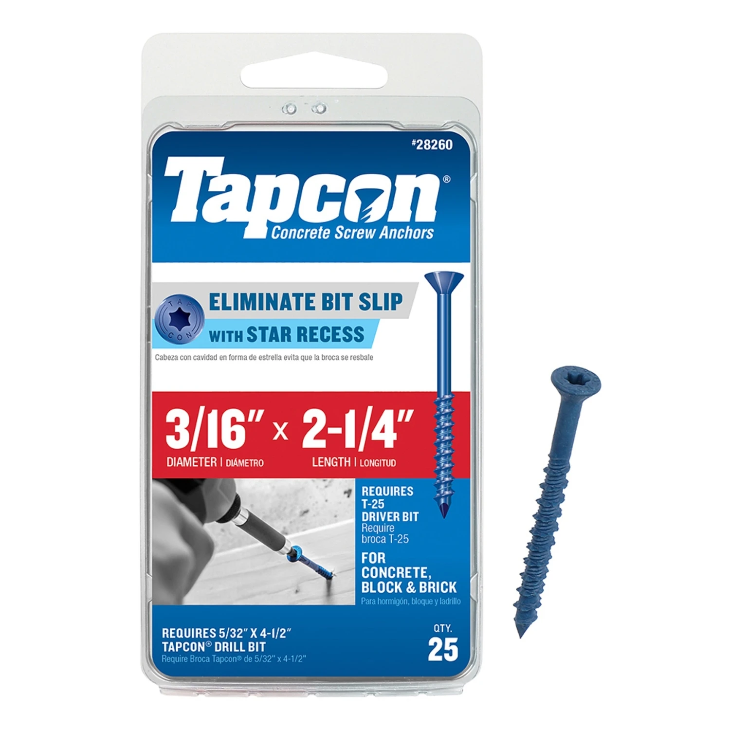 Hex-Washer Head Concrete Anchors, 1/4 x 2-3/4 In., 25-Pk.