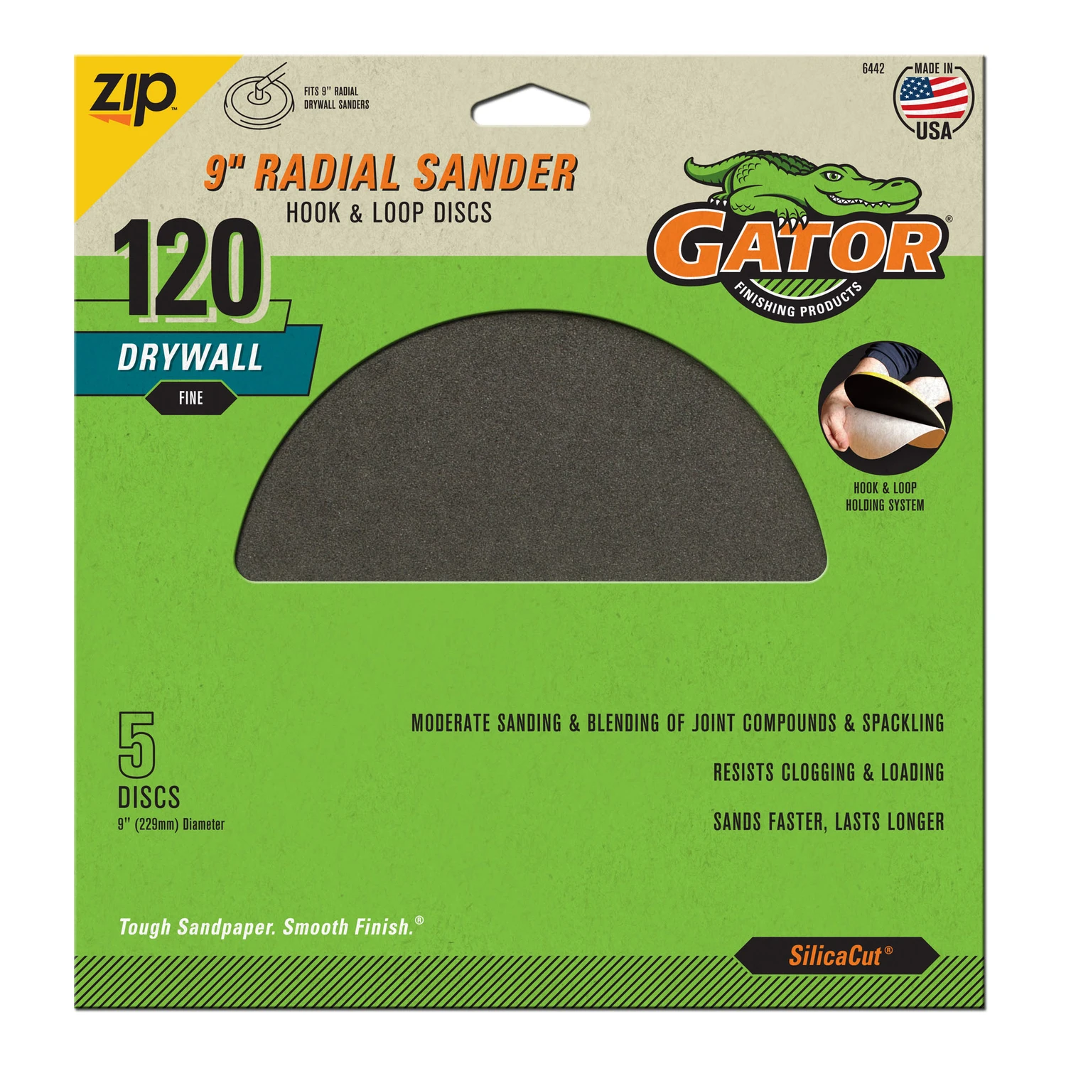 Radial Sander Drywall Sanding Discs, Hook & Loop, 120 Grit, 9 In., 5-Pk.