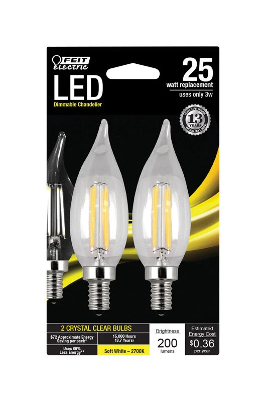 FEIT Electric CA10 E12 (Candelabra) LED Bulb Soft White 25 Watt Equivalence 2 pk