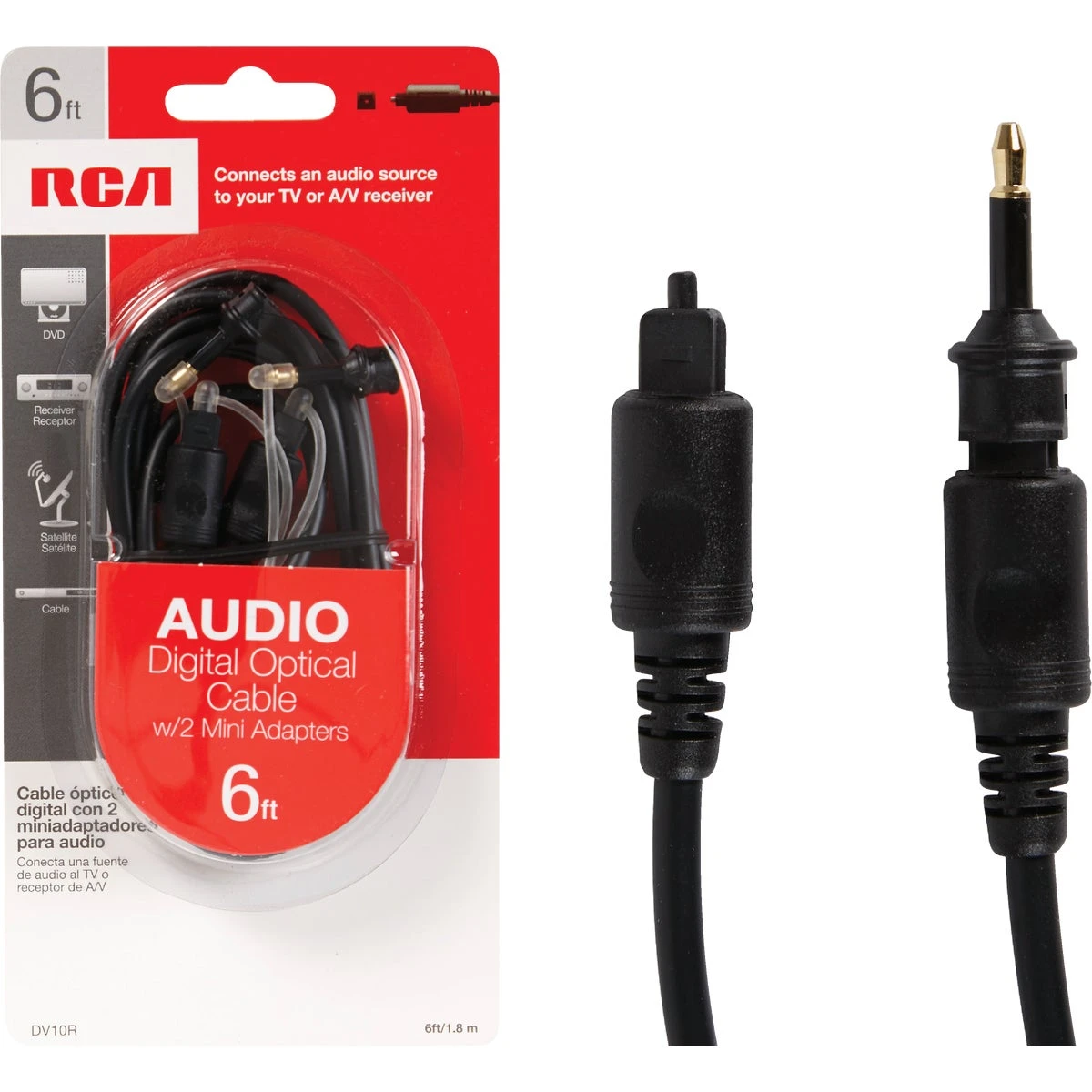 6 Ft. Black Audio Digital Optical Cable With 2 Mini Adapters