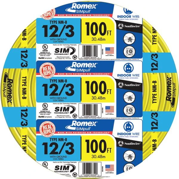 12/3 Non-metallic Building Wire, 100 Feet, Indoor Use