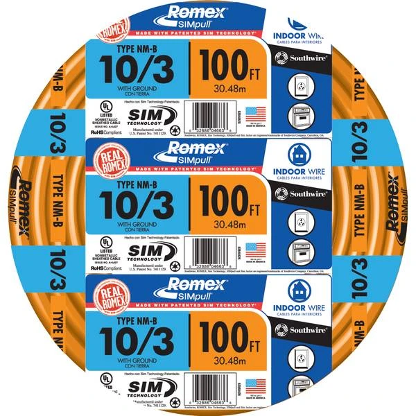 10/3 Non-metallic Building Wire, 100 Feet, Indoor Use