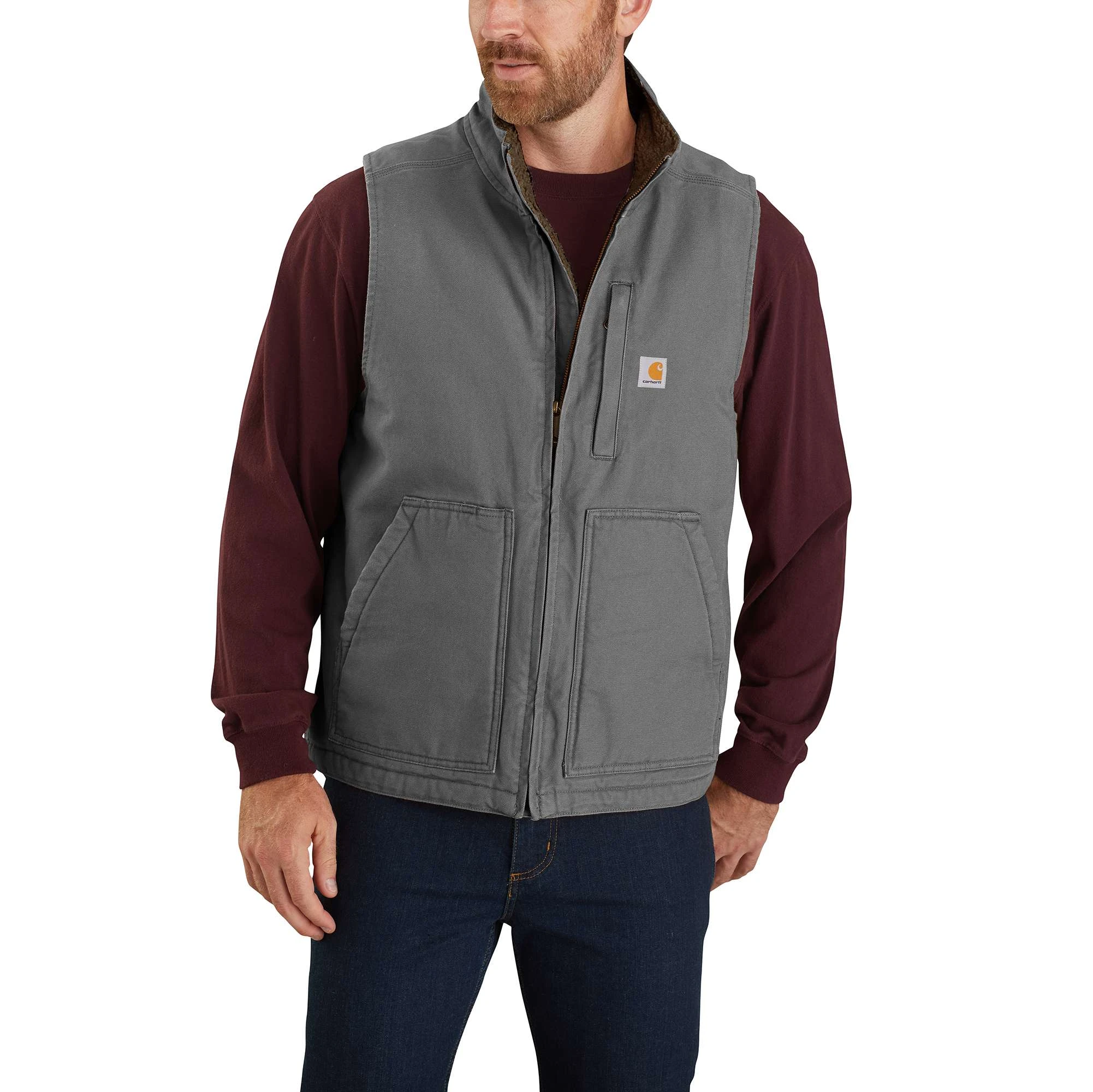 Men's Loose Fit Washed Duck Sherpa-lined Mock-neck Vest - Large Tall - Gravel