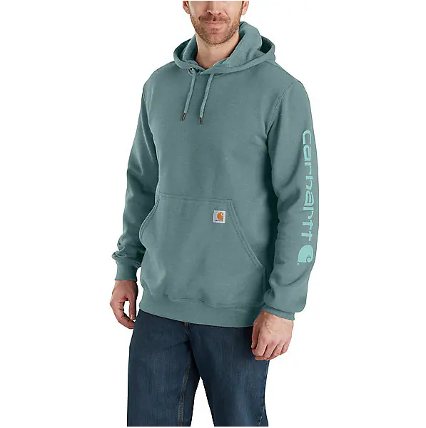 Men's Loose Fit Midweight Logo Sleeve Graphic Hoodie, Sea Pine Heather, Large
