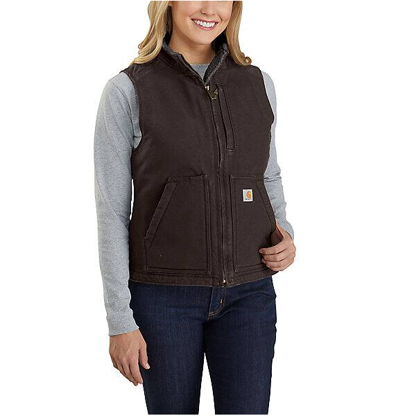 Women's Relaxed Fit Washed Duck Sherpa Lined Mock Neck Vest, Dark Brown, Xxl