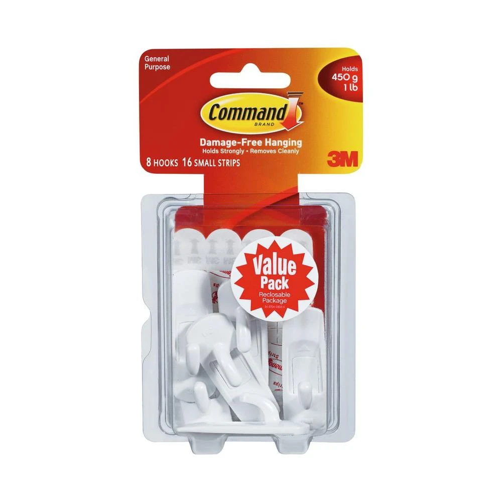 Small Hooks, White, 8 Hooks/16 Strips Value Pack