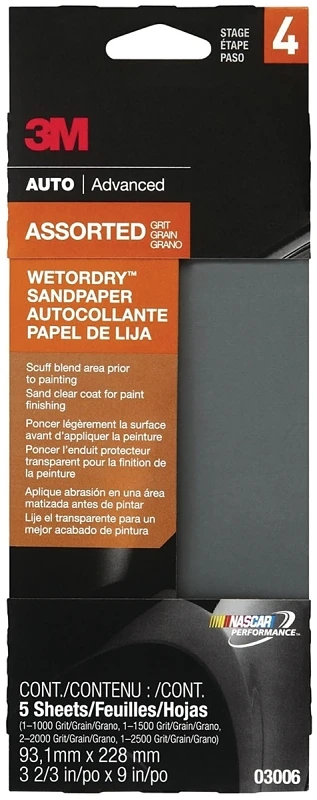 Wet/Dry Sandpaper, 5-Piece, 3-2/3 x 9 In.